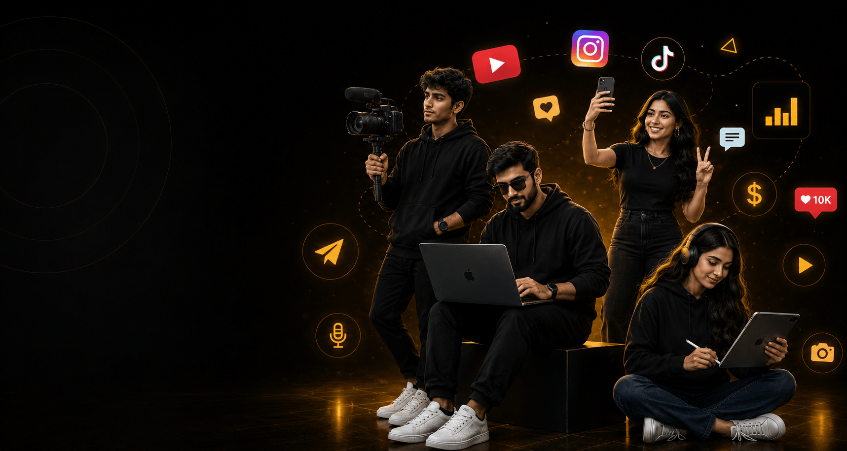 A team of Ownly Studio creators — filming, editing, and going live across YouTube, Instagram, and TikTok