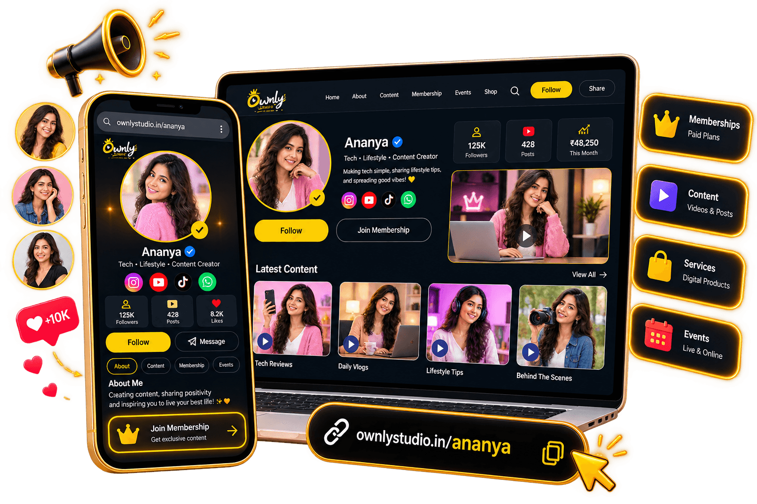 The Ownly creator page for Ananya, previewed on laptop and phone