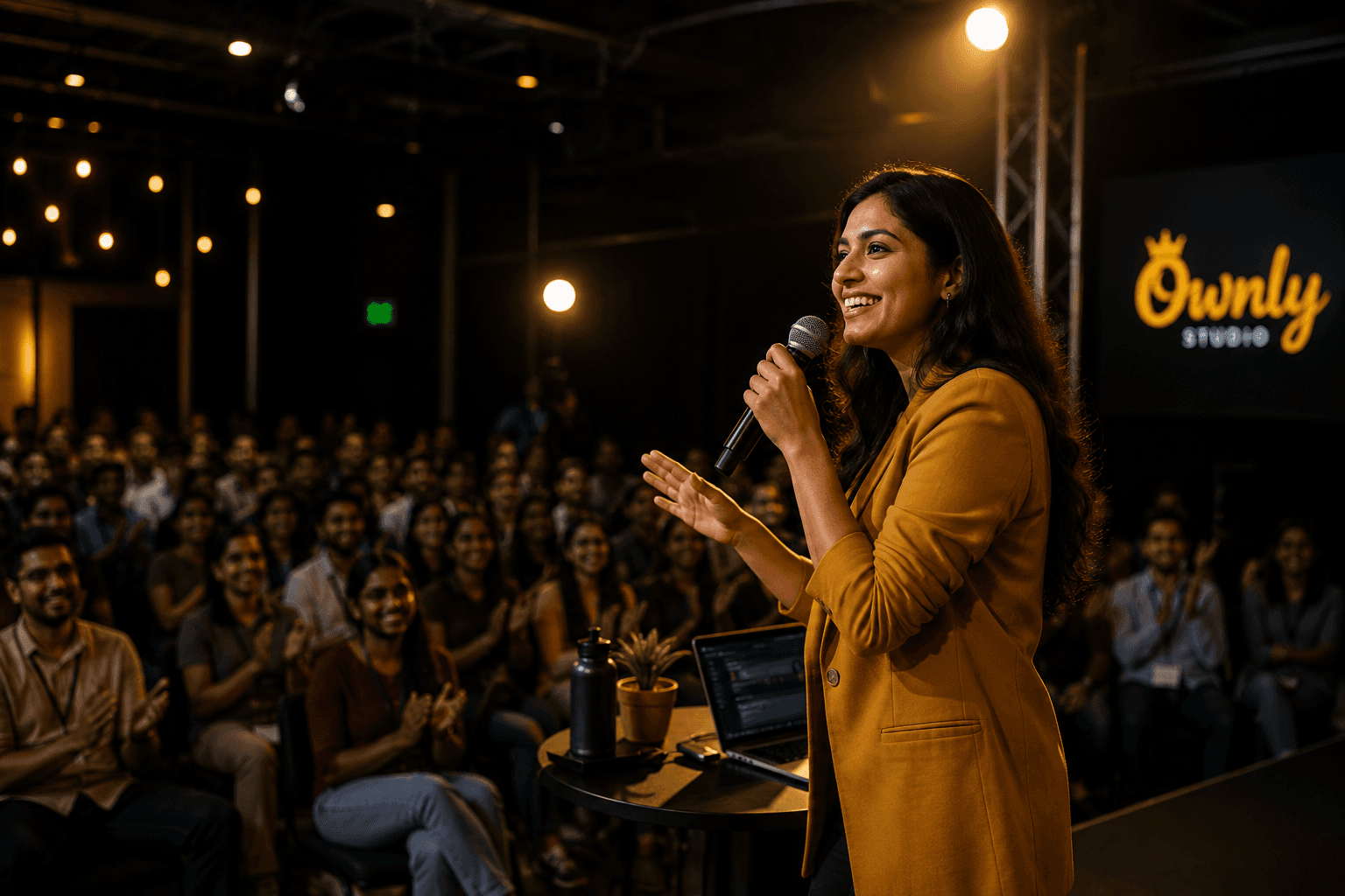 A creator hosting a live ticketed event on stage with a microphone in front of an audience